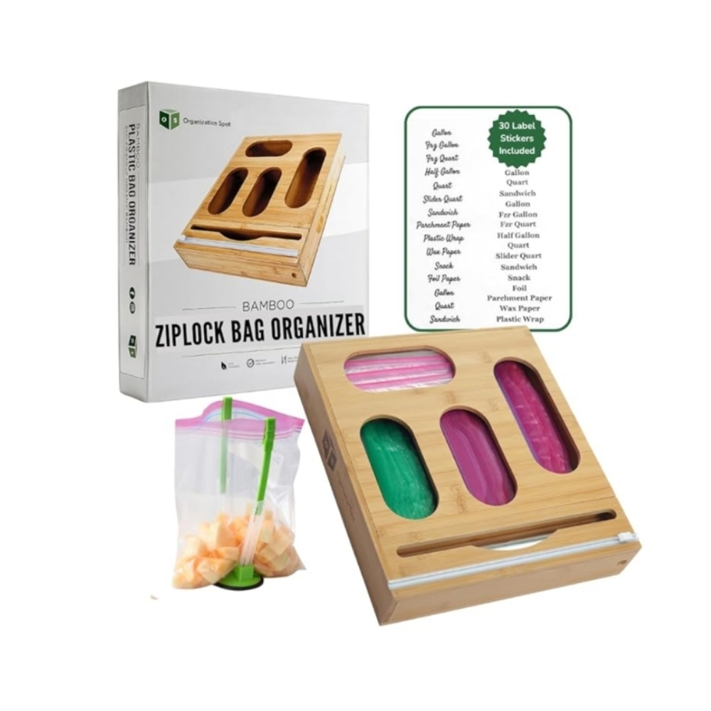 Bamboo Kitchen Drawer Ziplock Bag Organizer with Foil Wrap Dispenser and Cutter